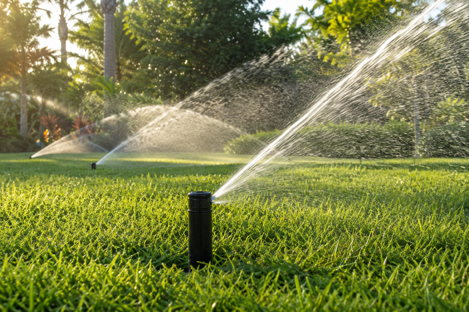Installed irrigation rotors casting a sunlit rain curtain across a green lawn